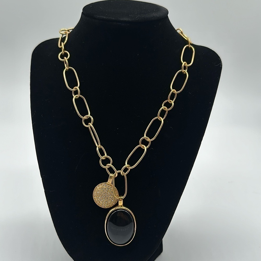 Joan Rivers Signed Gold Chain Necklace Black Stone & Crystal Pendants